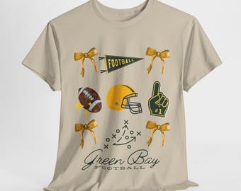 Camiseta de Green Bay para mujer: Camiseta de fútbol verde y amarilla con lazos