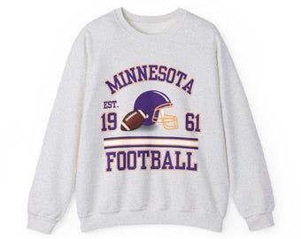 Sudadera de fútbol americano de Minnesota estilo vintage: cuello redondo morado y amarillo para el día del partido para fanáticos