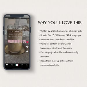 May include: A smartphone displays a social media post with a beverage in a glass, featuring text: "Christian girls who prioritize Jesus over everything, this one's for you: MATTHEW 6:33." The image is set against a neutral background.