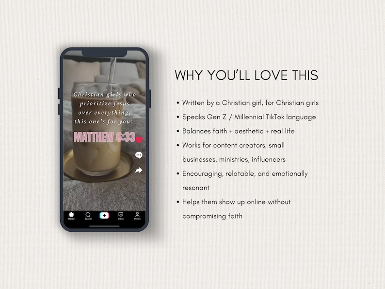 May include: A smartphone displays a social media post with a beverage in a glass, featuring text: "Christian girls who prioritize Jesus over everything, this one's for you: MATTHEW 6:33." The image is set against a neutral background.