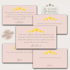 May include: A collection of pink cards with customer testimonials and gold star ratings. The cards feature handwritten quotes and names, along with a "Verified" stamp. A "5 STAR RATING" graphic is also present.