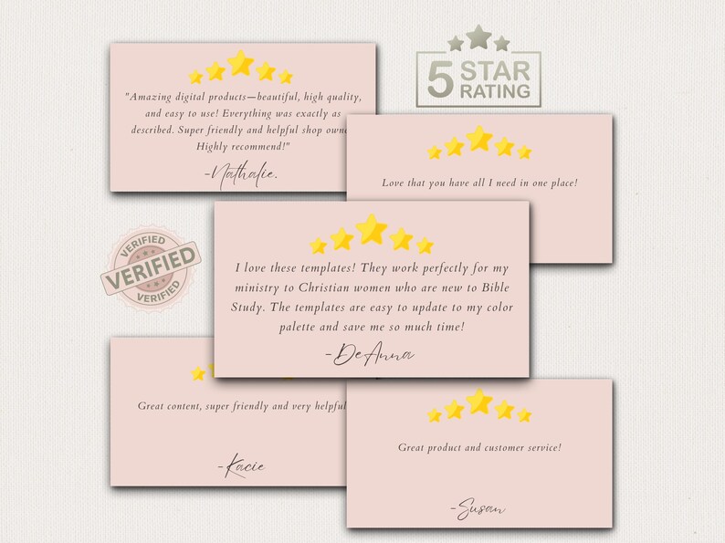 May include: A collection of pink cards with customer testimonials and gold star ratings. The cards feature handwritten quotes and names, along with a "Verified" stamp. A "5 STAR RATING" graphic is also present.