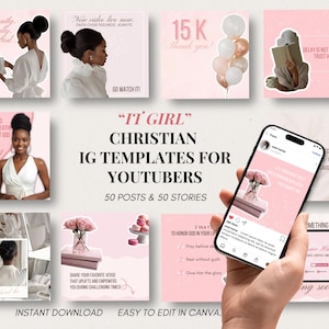 May include: A collection of pink Instagram templates for YouTubers, featuring various designs with inspirational quotes and images. The templates include text like "IT GIRL" and "CHRISTIAN IG TEMPLATES". The image also shows a phone displaying a template.