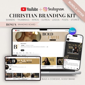 以下が含まれることがあります： YouTubeとInstagram向けのクリスチャンブランディングキット。バナー、サムネイル、イントロ、アウトル、ロゴ、投稿、ストーリーが含まれています。ラップトップ、タブレット、携帯電話に「BOLD FAITH」のテキストが表示されたブランディングの例が表示されています。