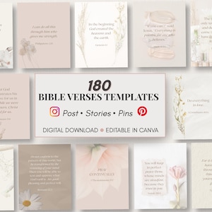 May include: A collection of 180 Bible verse templates for social media posts, stories, and pins. The digital download features neutral-toned backgrounds with floral accents and various scripture quotes, designed to be editable in Canva.