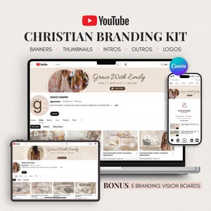 以下が含まれることがあります： YouTubeクリスチャンブランディングキット。ノートパソコン、タブレット、スマートフォンの画面にバナー、サムネイル、イントロ、アウトロ、ロゴが表示されています。デザインには「Grace With Emily」「Pray | Reflect | Grow」「Bonus 5 Branding Vision Boards」というテキストが含まれています。