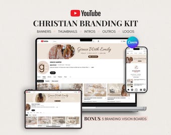 Christelijke YouTube-brandingkit | Bewerkbare Canva-sjablonen, minimalistisch schoon meisje, neutrale banners, geanimeerde intro's en outro's, logo's