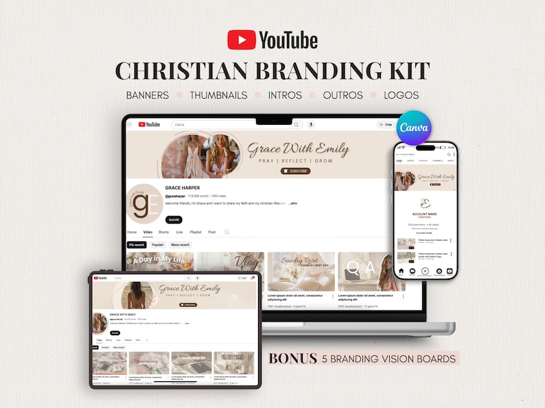 以下が含まれることがあります： YouTubeクリスチャンブランディングキット。ノートパソコン、タブレット、スマートフォンの画面にバナー、サムネイル、イントロ、アウトロ、ロゴが表示されています。デザインには「Grace With Emily」「Pray | Reflect | Grow」「Bonus 5 Branding Vision Boards」というテキストが含まれています。