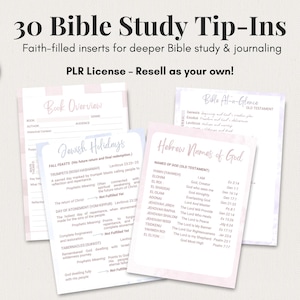 May include: A collection of Bible study tip-in inserts with the text "30 Bible Study Tip-Ins" and "Faith-filled inserts for deeper Bible study & journaling." The inserts include topics like "Book Overview," "Jewish Holidays," and "Hebrew Names of God."