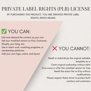 May include: A beige document with the text "PRIVATE LABEL RIGHTS (PLR) LICENSE". It details what you can and cannot do with the product, including editing and rebranding. The document has a pink and white design.