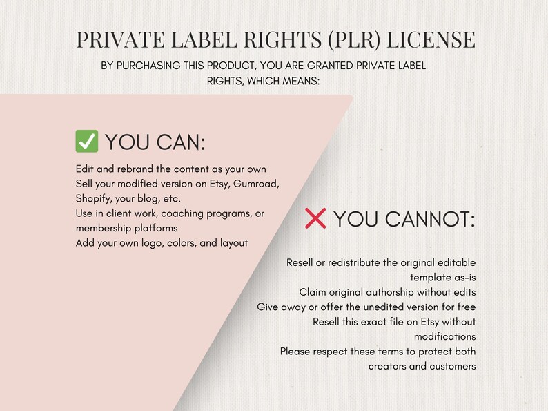 May include: A beige document with the text "PRIVATE LABEL RIGHTS (PLR) LICENSE". It details what you can and cannot do with the product, including editing and rebranding. The document has a pink and white design.