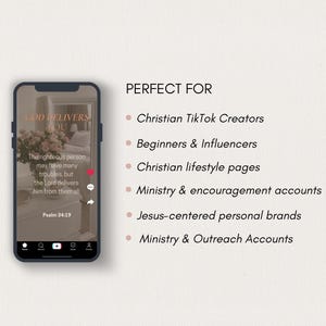 K&ouml;nnte beinhalten: Ein Smartphone zeigt ein TikTok-Video mit dem Text &bdquo;GOTT BEFREIT DICH&ldquo; und einem Bibelvers. Das Bild listet auch Gruppen wie christliche TikTok-Ersteller und Ministeriumskonten auf. Der Hintergrund ist ein neutrales Beige.