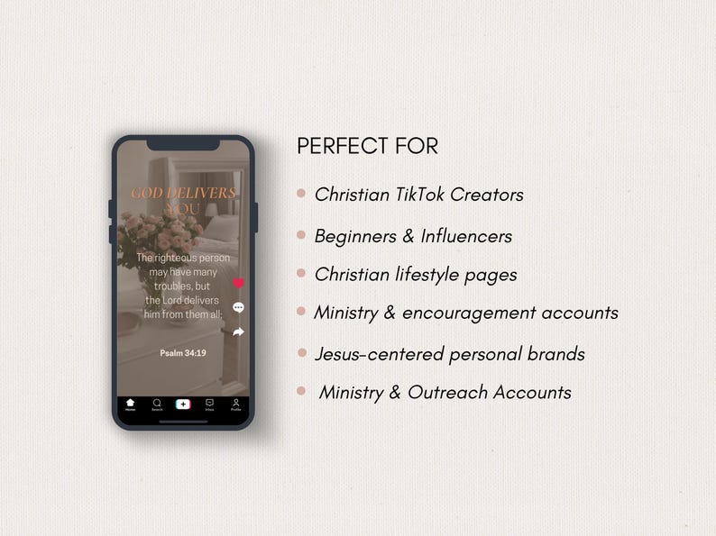 K&ouml;nnte beinhalten: Ein Smartphone zeigt ein TikTok-Video mit dem Text &bdquo;GOTT BEFREIT DICH&ldquo; und einem Bibelvers. Das Bild listet auch Gruppen wie christliche TikTok-Ersteller und Ministeriumskonten auf. Der Hintergrund ist ein neutrales Beige.