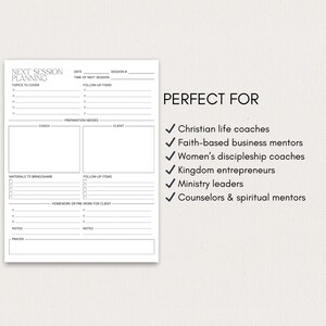 May include: A white planner titled "NEXT SESSION PLANNING" with sections for topics, preparation, and notes. The text "PERFECT FOR" is followed by a list of professions, including life coaches and mentors.