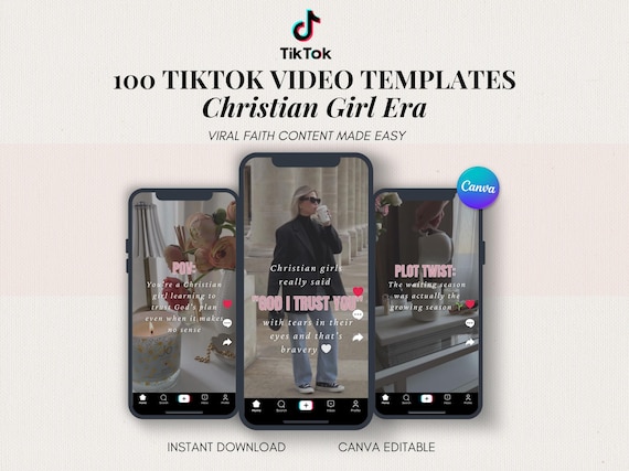 Christian Girl TikTok Templates | 100 Canva Editable Overlay Videos, Instagram Reel, Faith Content for Christian Influencer Content Creator