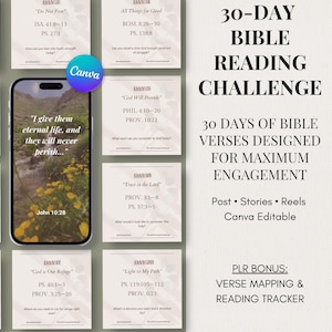 May include: A digital 30-day Bible reading challenge template set featuring a smartphone displaying a verse from John 10:28 over a nature scene. The layout includes multiple square cards with daily scripture references and text for social media posts.