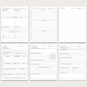 May include: A collection of six white, lined planning sheets with headings like "Next Session Planning," "Session Checklist," and "Client Overview." Each sheet has a minimalist design with black text.