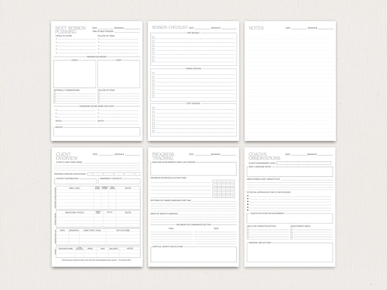 May include: A collection of six white, lined planning sheets with headings like "Next Session Planning," "Session Checklist," and "Client Overview." Each sheet has a minimalist design with black text.