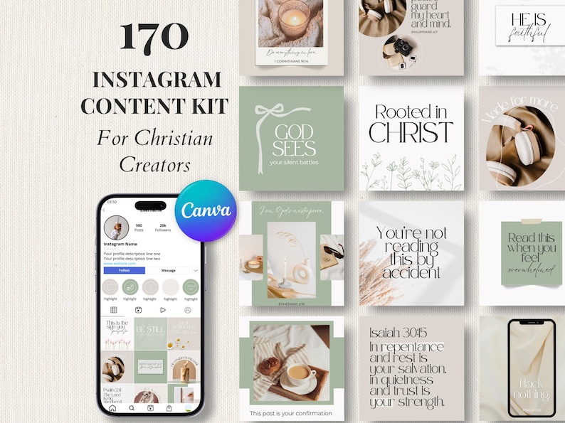 K&ouml;nnte beinhalten: Ein digitales Content-Kit f&uuml;r Instagram mit 170 Vorlagen f&uuml;r christliche Ersteller. Das Bild zeigt ein Smartphone mit einem Profilraster neben verschiedenen quadratischen Grafikdesigns in Salbeigr&uuml;n- und Beiget&ouml;nen mit religi&ouml;sem Text.