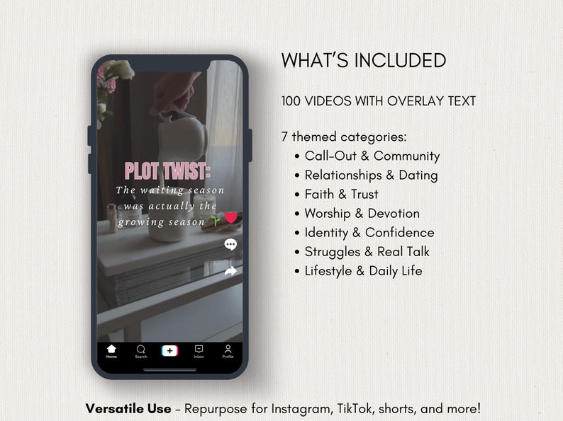 May include: A smartphone displays a video with overlay text that reads "PLOT TWIST: The waiting season was actually the growing season." The image lists 100 videos with 7 themed categories, including Relationships & Dating and Lifestyle & Daily Life.