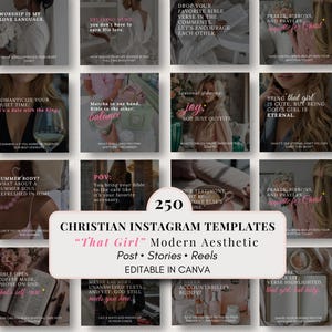 May include: A set of 250 Christian Instagram templates with a modern aesthetic, for posts, stories, and reels. The templates feature inspirational quotes and phrases in a soft, neutral colour palette, with editable text.
