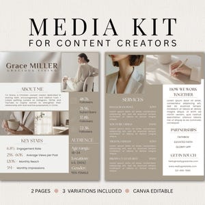 Può includere: Un modello di media kit di due pagine per content creator intitolato Grace Miller Gracious Living. Il layout in tonalità beige neutre include sezioni per la presentazione, statistiche, servizi e contatti con segnaposti per immagini.