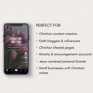 May include: A smartphone displays a social media post with the text "CHRISTIAN GIRL ERA" and purple tulips. The post's caption reads "Secure in Christ, unbothered by the world." The image also lists "Christian content creators" and "Faith bloggers & influencers."