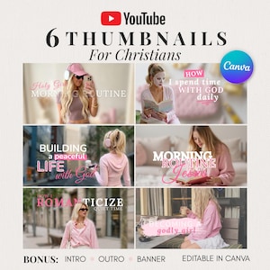 Editable YouTube Thumbnails for Christians | Canva Branding Kit Templates, Banner, Animated Intro and Outro, Trendy Modern Design Pink