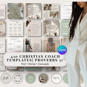 Può includere: Una collezione di modelli per social media con una palette di colori neutri in beige, bianco e verde salvia. L'esposizione include vari layout quadrati con testo, fotografie e icone, etichettati 430 CHRISTIAN COACH TEMPLATES PROVERBS 31.