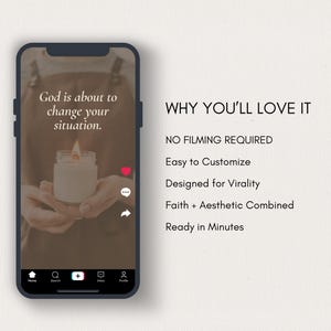 K&ouml;nnte beinhalten: Ein Smartphone-Bildschirm zeigt eine brennende Kerze in einem Glas, mit dem Text "Gott wird Ihre Situation ver&auml;ndern." Die Worte "WARUM SIE ES LIEBEN WERDEN" und Aufz&auml;hlungspunkte befinden sich auf der rechten Seite.