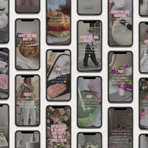 May include: A collection of smartphones displaying various inspirational quotes and images. The phones feature text in pink and white fonts, with floral and aesthetic backgrounds. The overall theme is centered around Christian faith and lifestyle.