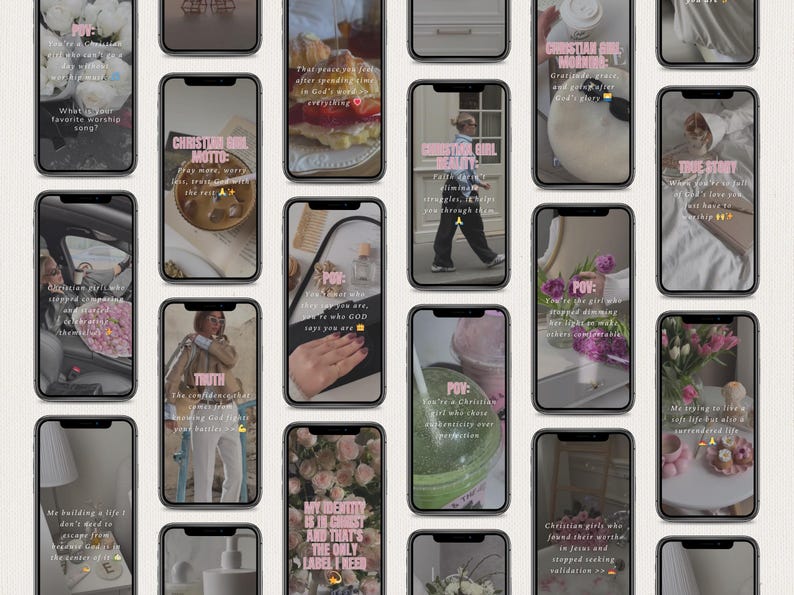 May include: A collection of smartphones displaying various inspirational quotes and images. The phones feature text in pink and white fonts, with floral and aesthetic backgrounds. The overall theme is centered around Christian faith and lifestyle.