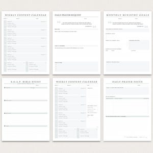May include: A collection of six white paper pages with text and lines for journaling. The pages include titles such as "Weekly Content Calendar", "Daily Prayer Request", and "Monthly Ministry Goals". The pages are arranged on a light beige background.
