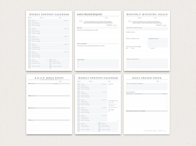 May include: A collection of six white paper pages with text and lines for journaling. The pages include titles such as "Weekly Content Calendar", "Daily Prayer Request", and "Monthly Ministry Goals". The pages are arranged on a light beige background.
