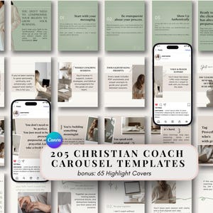 Op de afbeelding: Een verzameling van 205 Christian coach carrousel-sjablonen en 65 highlight-covers met saliegroene en neutrale beige achtergronden, minimalistische typografie en lifestyle-fotografie. De ontwerpen bevatten tekstprompts voor coachingdiensten.