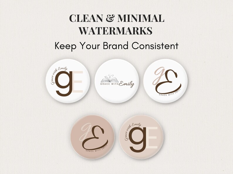 以下が含まれることがあります： CLEAN & MINIMAL WATERMARKS Keep Your Brand Consistentというテキストが記載された5つの円形デジタル透かし。デザインには、gEの文字、開いた本とgrace with emilyのテキストのアイコン、gEの文字のスタイリッシュなスクリプトモノグラムが含まれています。