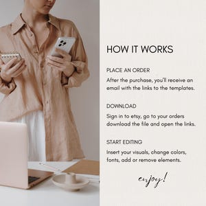 May include: A person holding a smartphone and a small notebook, with a laptop and a decorative dish on a white surface. The image includes text that says "HOW IT WORKS" and instructions for placing an order, downloading, and editing.