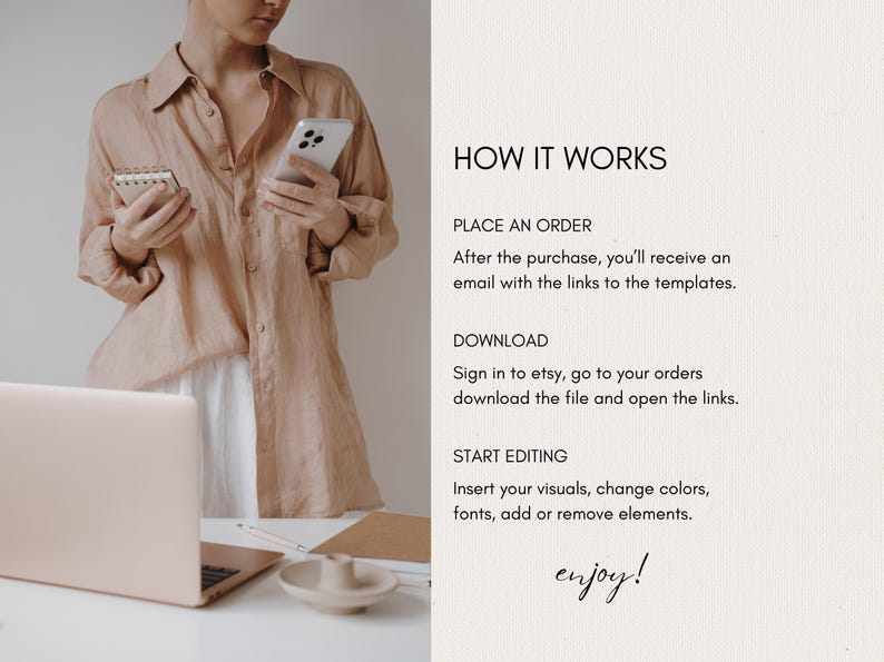 May include: A person holding a smartphone and a small notebook, with a laptop and a decorative dish on a white surface. The image includes text that says "HOW IT WORKS" and instructions for placing an order, downloading, and editing.