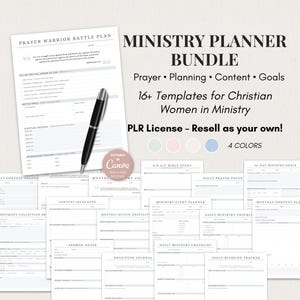 May include: A Ministry Planner Bundle with 16+ templates for Christian Women in Ministry. The image shows a pen, a "Prayer Warrior Battle Plan" sheet, and several other planner pages. The bundle includes templates for prayer, planning, content, and goals.