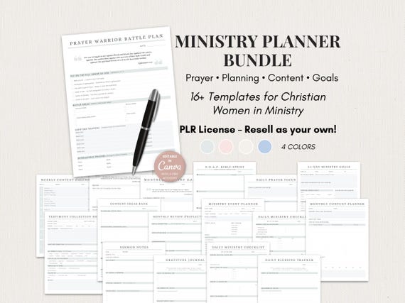 PLR Ministry Planner Bundle | Canva Editable Templates, Prayer Journal Bible Study Content Calendar Planner for Christian Women Leaders