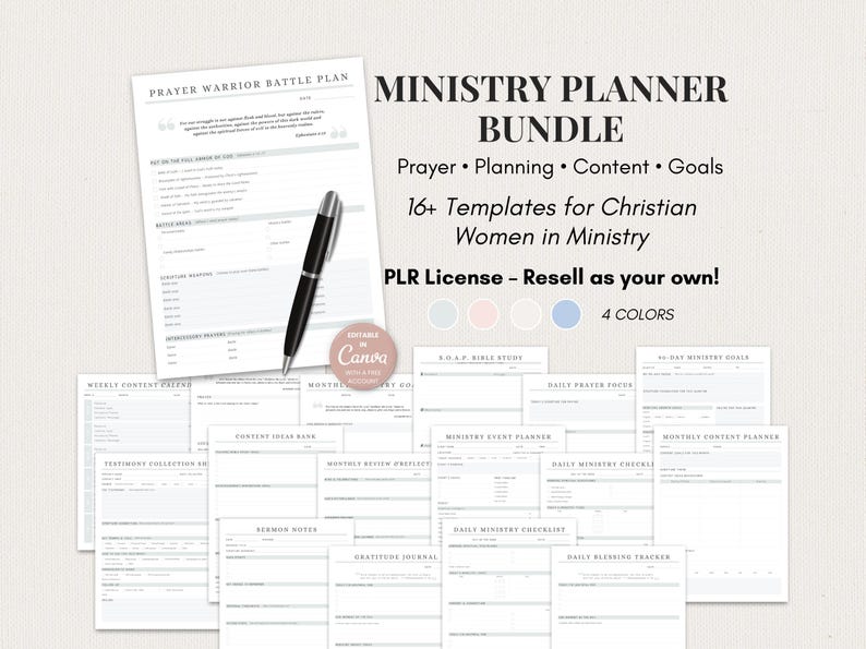 May include: A Ministry Planner Bundle with 16+ templates for Christian Women in Ministry. The image shows a pen, a "Prayer Warrior Battle Plan" sheet, and several other planner pages. The bundle includes templates for prayer, planning, content, and goals.