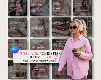 Christelijke sociale media-sjablonen That Girl | Bewerkbaar op canva, op geloof gebaseerde berichten, rollen, verhalen, Pink Clean Girl esthetische moderne ontwerpen