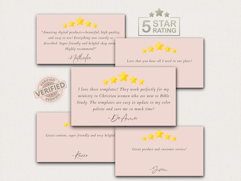May include: A collection of pink cards with customer reviews and gold star ratings. The cards feature handwritten testimonials and a "Verified" stamp. A "5 Star Rating" graphic is also present.