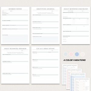 May include: A collection of printable planner pages, including sermon notes, gratitude journal, and daily ministry checklist. The pages are in a minimalist design with gray text on a white background. The image also shows four color variations.