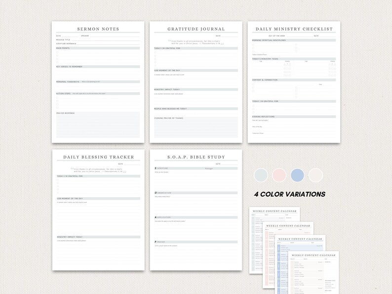 May include: A collection of printable planner pages, including sermon notes, gratitude journal, and daily ministry checklist. The pages are in a minimalist design with gray text on a white background. The image also shows four color variations.