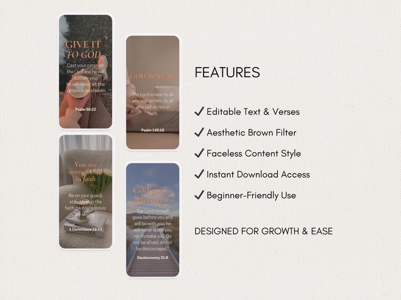 K&ouml;nnte beinhalten: &Auml;sthetische digitale Vorlagen mit einem braunen Filter, die Bibelverse und editierbaren Text enthalten. Das Design umfasst einen gesichtslosen Content-Stil, sofortigen Download-Zugriff und ist anf&auml;ngerfreundlich. Entwickelt f&uuml;r Wachstum und Benutzerfreundlichkeit.