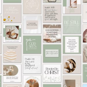 K&ouml;nnte beinhalten: Eine Sammlung quadratischer Social-Media-Vorlagen in einer Farbpalette aus Salbeigr&uuml;n und neutralen T&ouml;nen. Jedes Kachel-Design zeigt inspirierende religi&ouml;se Zitate, Bibelverse und minimalistische Strichzeichnungen f&uuml;r digitale Inhalte.