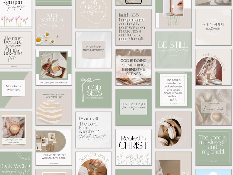 K&ouml;nnte beinhalten: Eine Sammlung quadratischer Social-Media-Vorlagen in einer Farbpalette aus Salbeigr&uuml;n und neutralen T&ouml;nen. Jedes Kachel-Design zeigt inspirierende religi&ouml;se Zitate, Bibelverse und minimalistische Strichzeichnungen f&uuml;r digitale Inhalte.