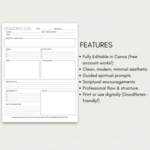 May include: A white coaching log with sections for client information, insights, goals, and action steps. The text "COACHING LOG" is at the top. Features include Canva editing, a clean aesthetic, spiritual prompts, and a professional structure.