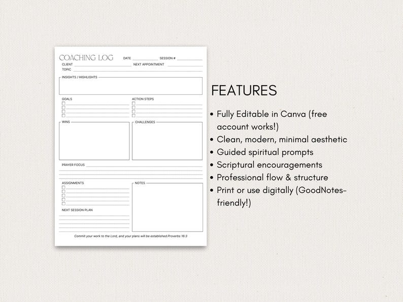 May include: A white coaching log with sections for client information, insights, goals, and action steps. The text "COACHING LOG" is at the top. Features include Canva editing, a clean aesthetic, spiritual prompts, and a professional structure.